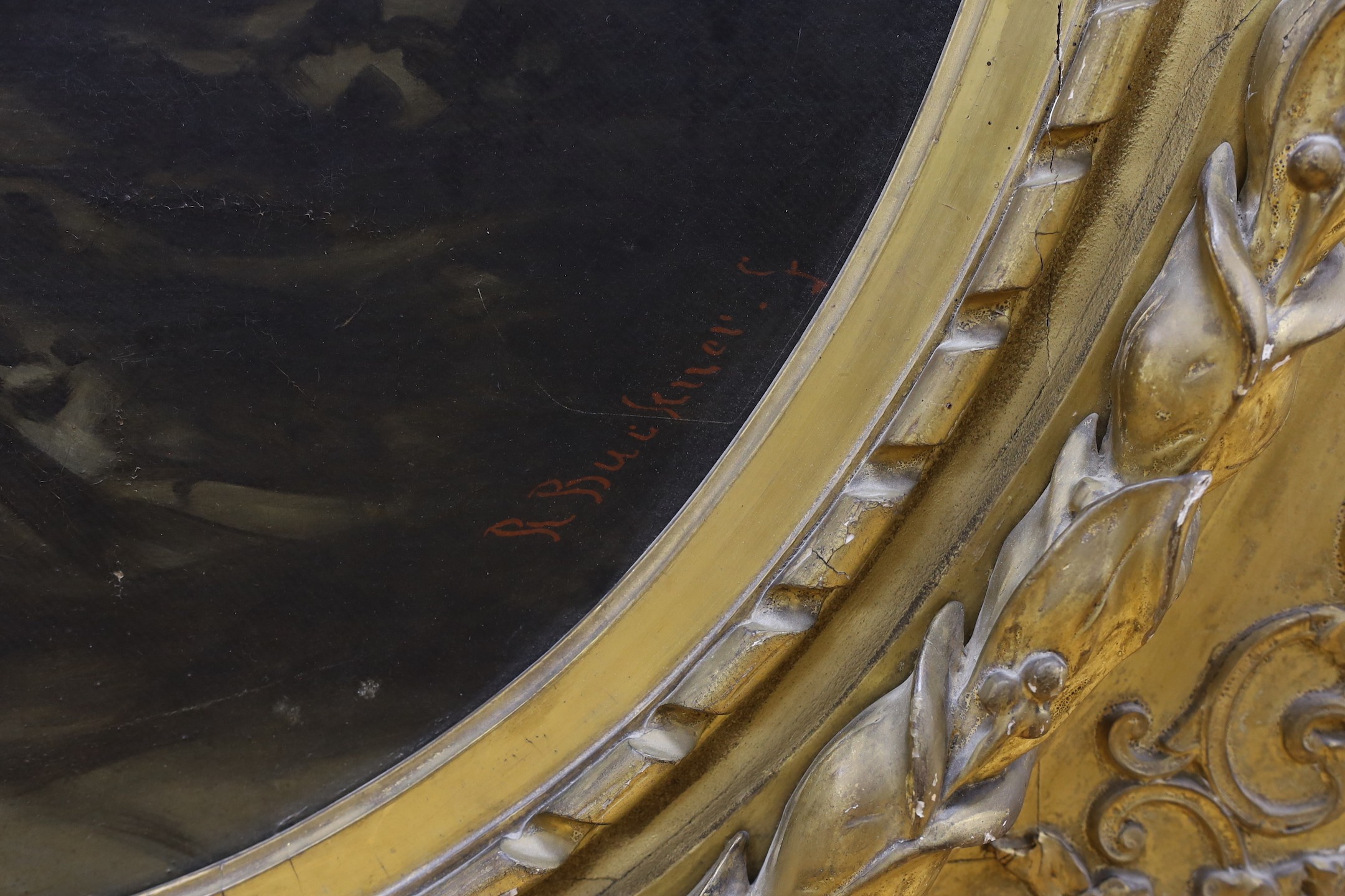 Richard Buckner (1812-1893), oil on canvas, oval portrait of Mrs Beauclerk, 86 x 67cm, in a good Victorian giltwood and composition frame bearing old labels